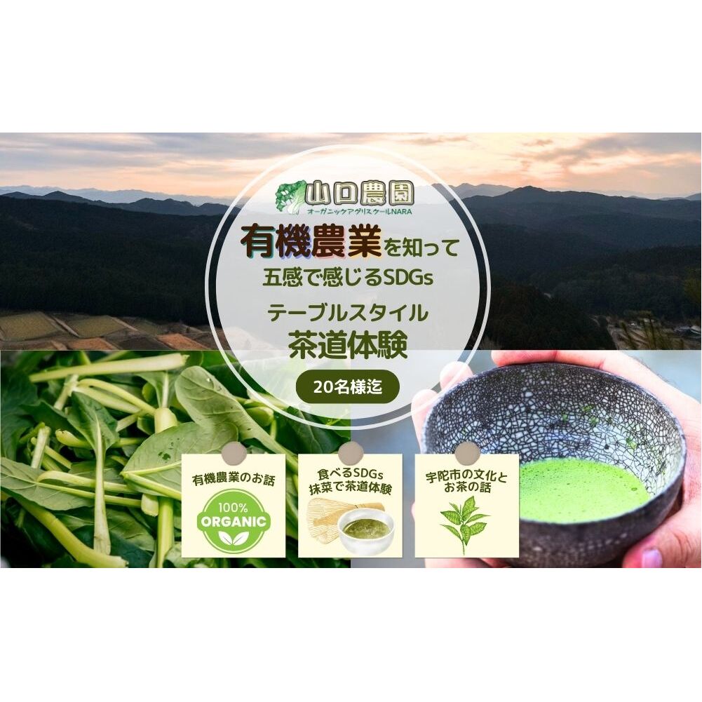 有機農業 を知って五感で感じる SDGs テーブル スタイル 茶道体験 20名様迄/ Nara Green 抹菜 オーガニック ビレッジ 薬草 茶の本 農家 有機野菜 無農薬 関西 チケット 山口農園 奈良県 宇陀市 ふるさと納税