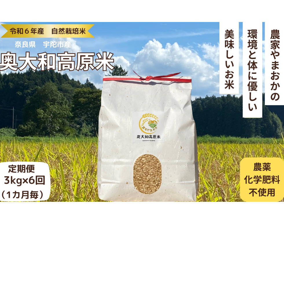 ★自然栽培米 ★定期便 毎月6回★新米 【令和7年産 】玄米 3kg /ふるさと納税 自然栽培米 新米 令和6年産 玄米 農家やまおか 無農薬 国産 お米 奈良県 宇陀市 送料無料  新米