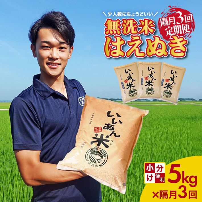 SF0281　【隔月3回定期便】無洗米はえぬき　5kg×3回(計15kg)　農家直送『いいあん米』AG