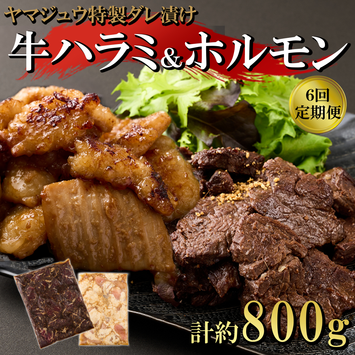 ヤマジュウの特選タレ漬け！牛ハラミ肉＆国産牛ホルモン計８００ｇ【６回定期便】 頒布会