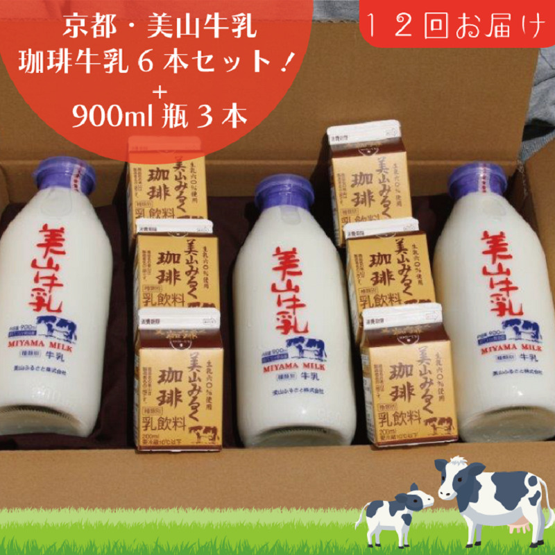 牛乳 定期便 12ヶ月 京都 美山牛乳 瓶 900ml ×3本 珈琲牛乳 200ml ×6本 詰め合わせ セット 美山町 お取り寄せ コーヒー牛乳 パック 定期 お楽しみ 12回 ※北海道・沖縄・離島への発送不可 