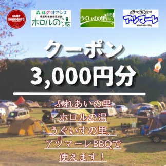 <城里町ホロルの湯、ふれあいの里、うぐいすの里、アツマーレBBQで使えるクーポン券>3,000円分 (BF019)