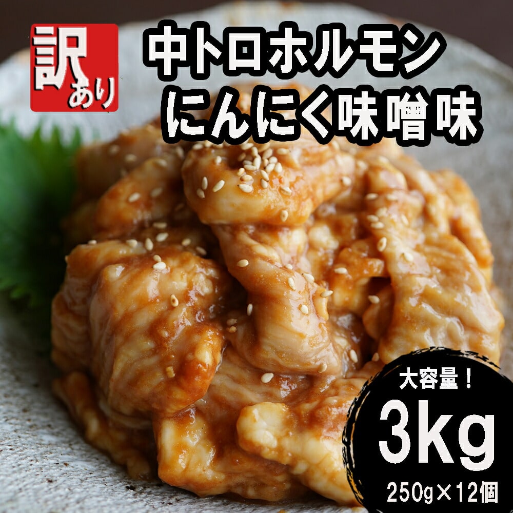 【 訳あり 】 中トロ ホルモン 3kg にんにく味噌味 : 250g×12袋 焼肉 ホルモン焼き 不揃い シマ腸 シマチョウ 小腸 おつまみ 味噌 味付 小分け 冷凍 牛 内臓 肉 京都 舞鶴 幸福亭