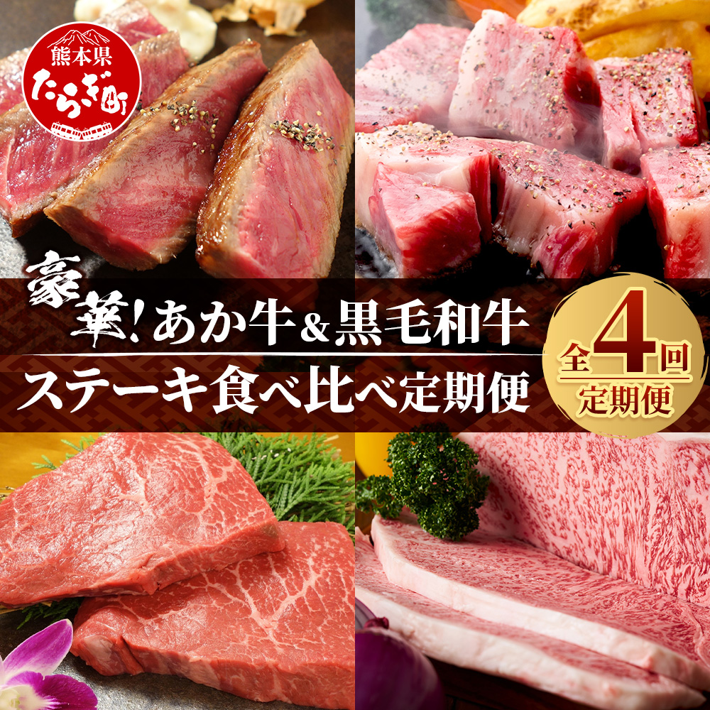 【定期便 4回】豪華！ あか牛 ＆ 黒毛和牛 ステーキ 食べ比べ 定期便≪ 牛肉 ブランド牛 黒毛 希少 褐毛和種 ステーキ サーロイン バラエティ 定期便 熊本県産 ≫092-0020