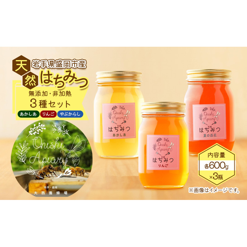 盛岡市 大西養蜂場 盛岡産はちみつ【たっぷり 600g 瓶 3種 堪能 セット】 大西養蜂場  非加熱はちみつ 非加熱 ハチミツ 蜂蜜 国産 国産はちみつ 国産はちみつ非加熱 アカシア蜂蜜 非加熱蜂蜜 国産蜂蜜 はちみつ ハチミツ 国産 リンゴ 林檎 りんごはちみつ 岩手 岩手県