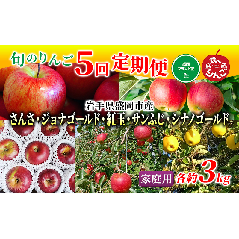 先行予約 りんご 定期便 5回 5種類のりんご 盛岡りんご 家庭用 約3kg 10玉前後 盛岡ブランド認証 果物 フルーツ 旬の果物 旬のフルーツ 季節の果物 季節のフルーツ 林檎 リンゴ 岩手りんご 岩手 岩手県 盛岡市