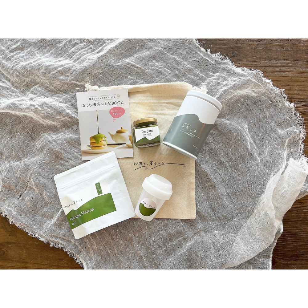 テレビ番組で紹介!お茶のミルクジャムと深蒸し茶に、本格抹茶が楽しめるセット 抹茶好きに贈る!ミルクジャム+深蒸し茶+抹茶+シェイカー+レシピ入り巾着の贅沢キット
