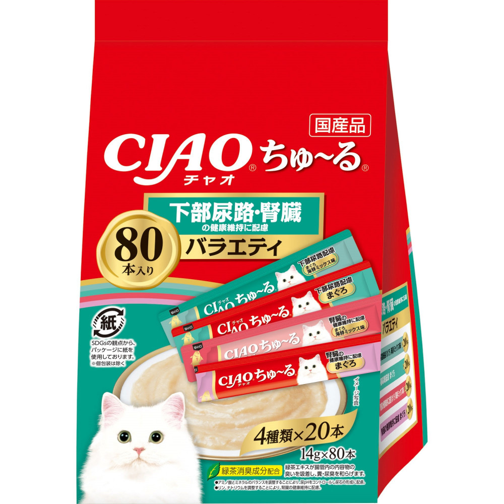 いなば　CIAO猫ちゅ～る　下部尿路・腎臓の健康維持に配慮バラエティ480本（14ｇｘ80本ｘ6袋入）（ケース）