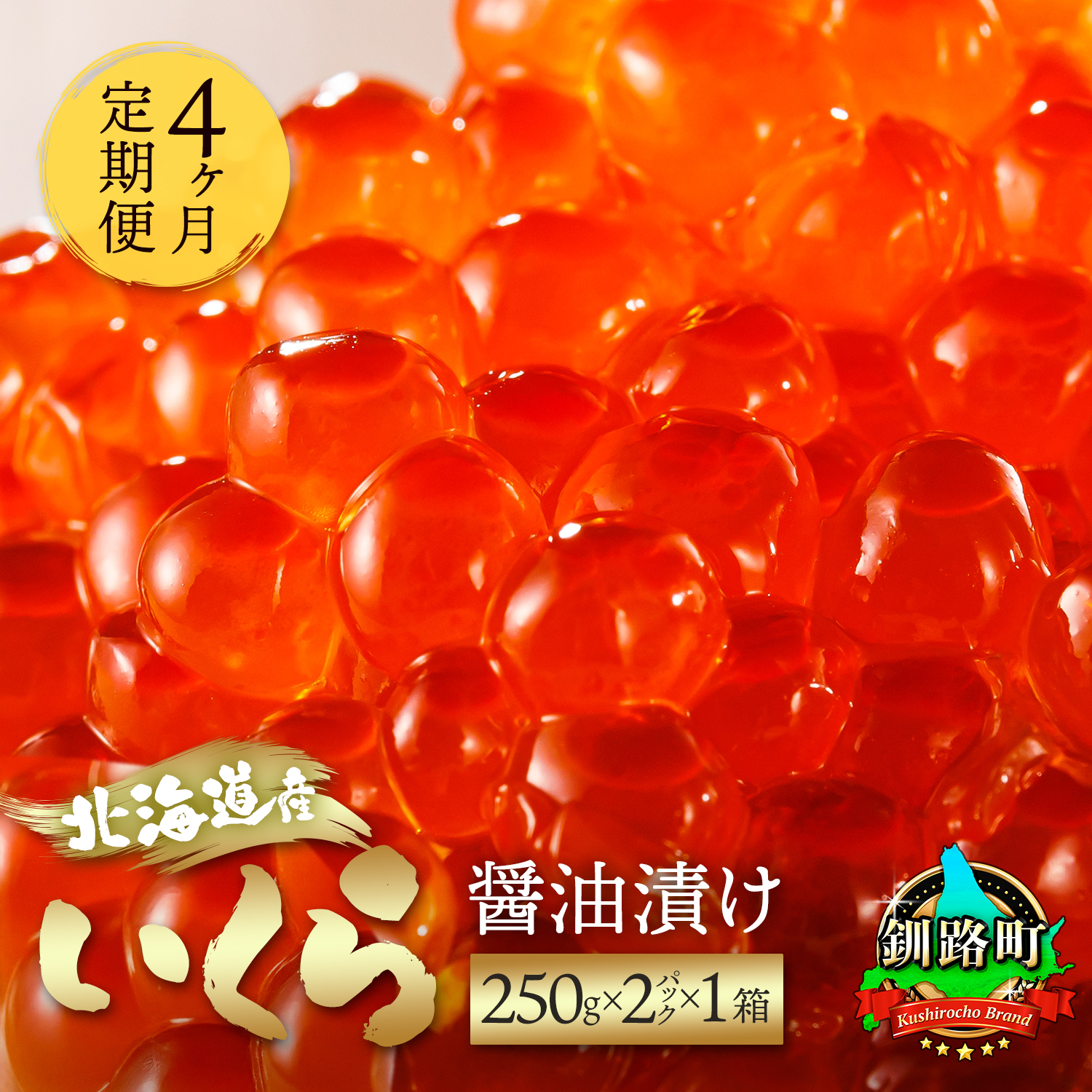 [定期便 4ヶ月連続]北海道産 いくら醤油漬け 500g(250g ×2パック×1箱) 小分け | 国産 北海道産 いくら いくら醤油漬け イクラ ikura 天然 鮭 サーモン 鮭卵 鮭いくら 北海道 昆布のまち 釧路町 笹谷商店 直営 br04
