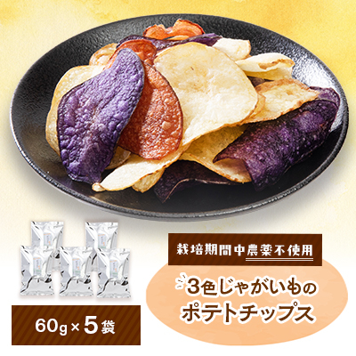 3色ポテトチップス 5袋入り 栽培期間中農薬を使わず自家栽培したじゃがいも使用の自然色のスナック【1550983】