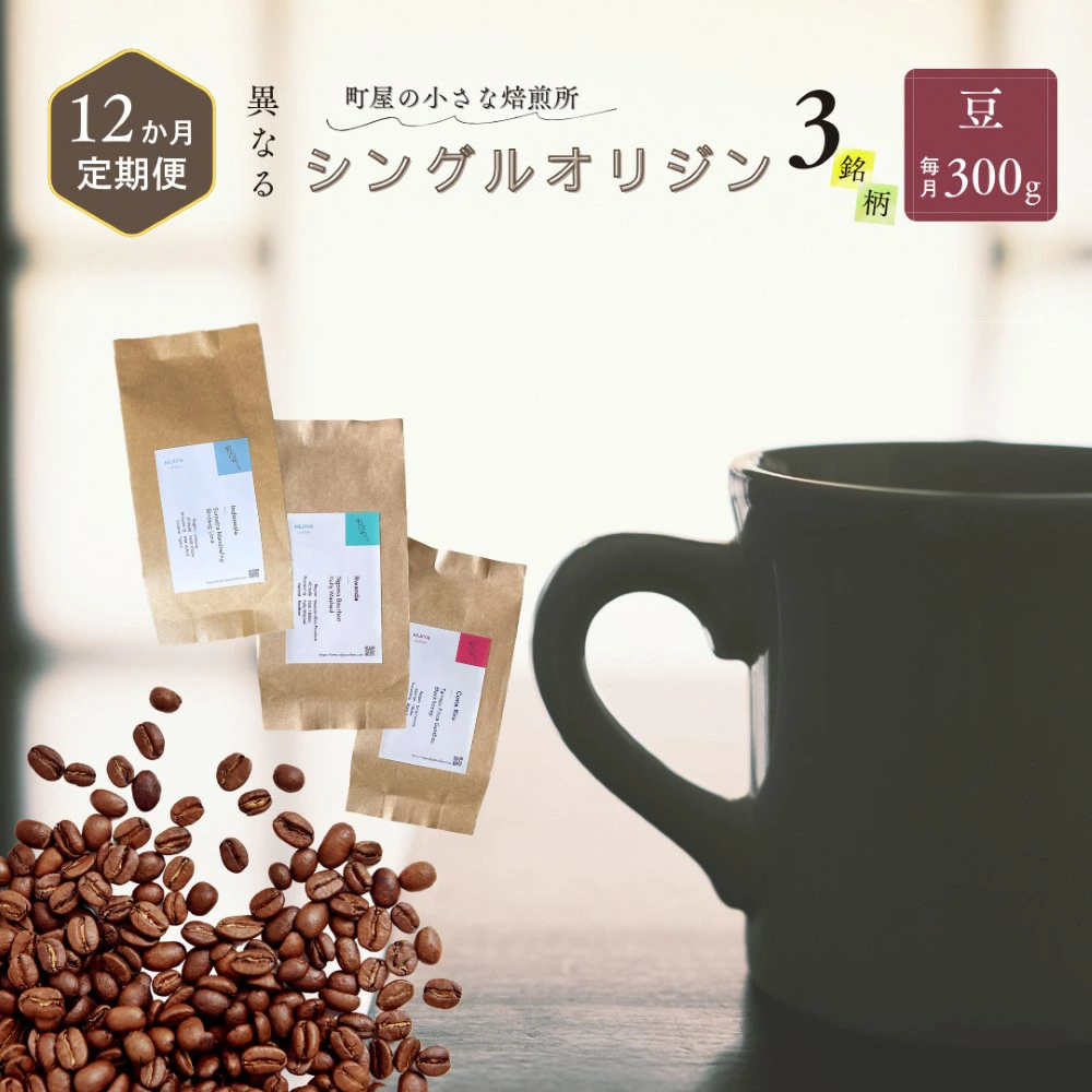 【定期便:12ヶ月連続でお届け】シングルオリジンコーヒー 100g × 3品種(豆)計300g×12ヶ月 1075017 コーヒー 珈琲 コーヒー豆