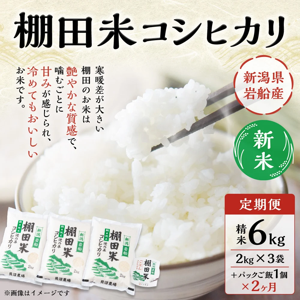 【新米受付・令和7年産米】【定期便：2ヶ月連続でお届け】新潟県村上市岩船産 棚田米コシヒカリ 6kg（2kg×3袋）+パックごはん(150ｇ×1個) ×2ヶ月 1067111N 毎月 新米予約 お米 白米 こしひかり 精米 村上市