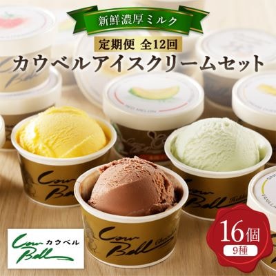 【毎月定期便】カウベルアイスクリーム9種16個セット 新鮮濃厚ミルク 北海道産素材 全12回【配送不可地域:離島】【4008599】