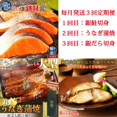 【毎月定期便】魚鶴お楽しみ海鮮3種セット(銀鮭切身・うなぎ蒲焼・銀だら切身)全3回【配送不可地域:離島】【4065584】