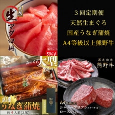 【毎月定期便】紀州和歌山うまいもんセットA(生まぐろ・うなぎ蒲焼・熊野牛)全3回【配送不可地域:離島・北海道・沖縄】【4057117】