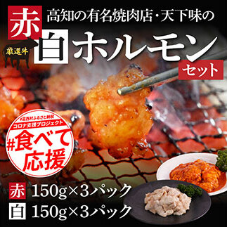 赤ホルモン＆白ホルモンセット 天下味オリジナル本格コチュジャン（150g×3パック）と本格塩ダレ漬け（150g×3パック）セット 人気 牛肉 お肉 小腸 焼き肉 タレ 焼肉 BBQ バーベキュー 冷凍 小分け おつまみ どんぶり お手軽 食べて応援