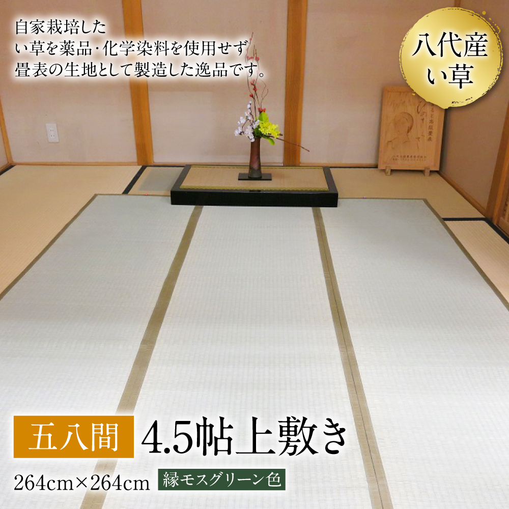 い草 上敷き 五八間 4.5帖 264cm×264cm 縁モスグリーン色 イグサ 畳 敷物 ござ マット カーペット 熊本県 八代市 特産品 国産 日本製
