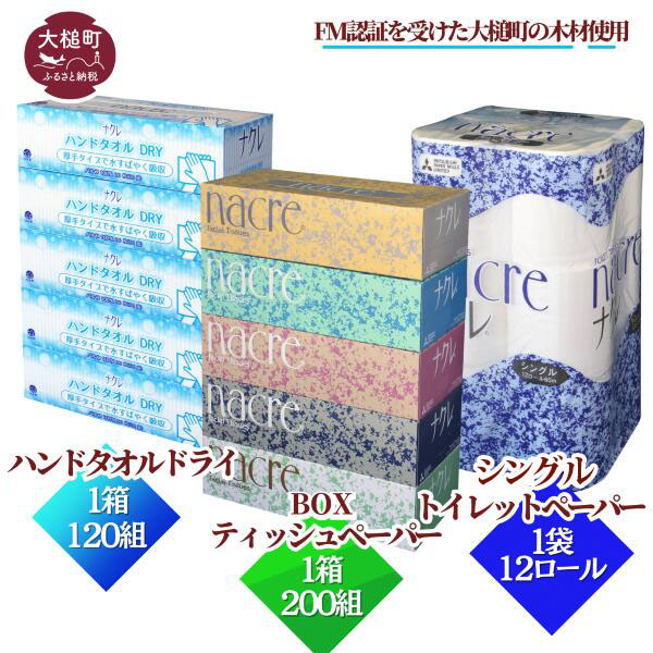 ティッシュ5箱、ハンドタオル5箱、トイレットペーパー(シングル)12個(ナクレ製品お試しセット)