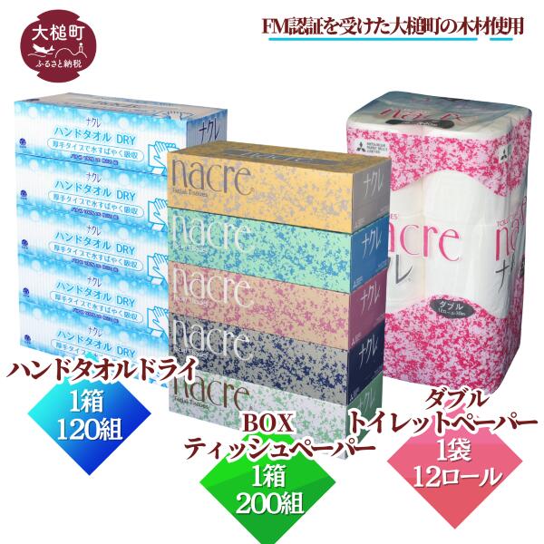 ティッシュ5箱、ハンドタオル5箱、トイレットペーパー(ダブル)12個(ナクレ製品お試しセット)