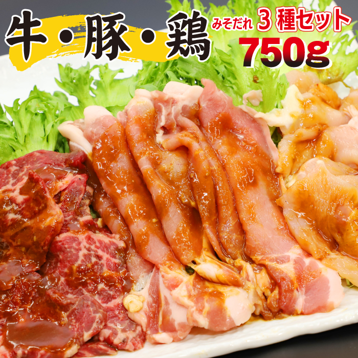 BA-014-A 秘伝のみそだれ 牛・豚・鶏3種セット 計750g / 肉のささき 牛肉 豚肉 鶏肉 焼肉 セット