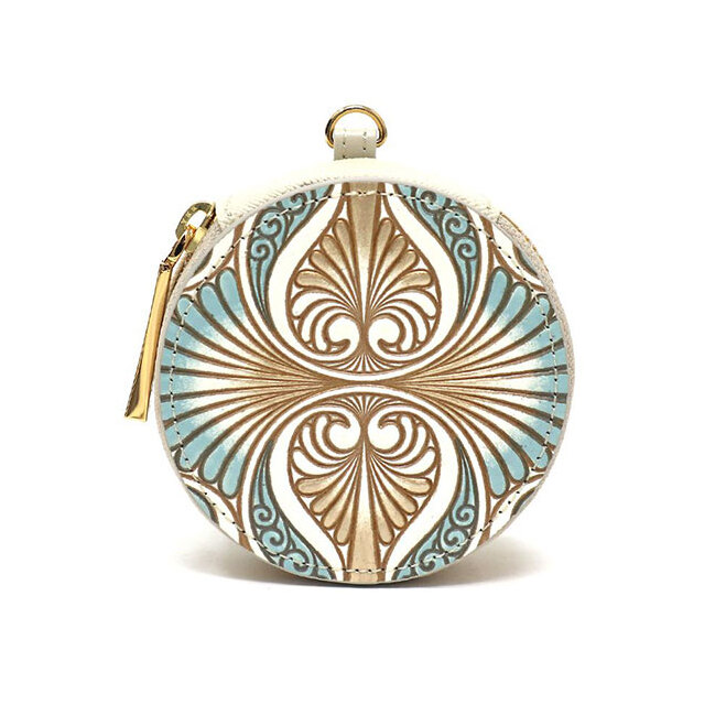 【文庫屋大関】マカロンポーチ ロカイユ＜ブルーグレー＞【皮革工芸品】 ポーチ ミニポーチ 小物入れ アクセサリー入れ イヤホン入れ 収納 保管ケース 手のひらサイズ  本革 革 皮革 工芸品 工芸 雑貨 ギフト プレゼント 日本製 東京