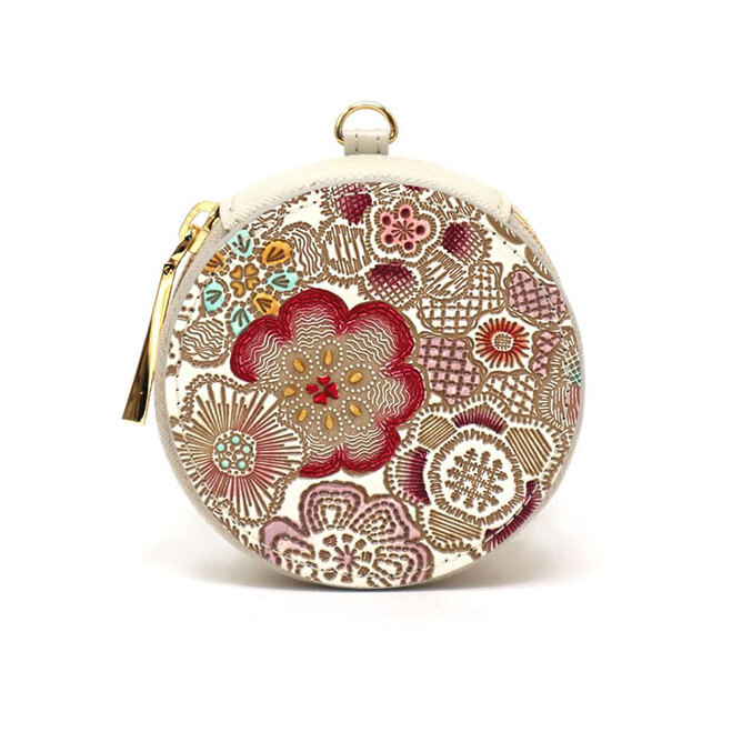 【文庫屋大関】マカロンポーチ 春らんまん<茜>【皮革工芸品】 ポーチ ミニポーチ 小物入れ アクセサリー入れ イヤホン入れ 収納 保管ケース 手のひらサイズ  本革 革 皮革 工芸品 工芸 雑貨 ギフト プレゼント 日本製 東京