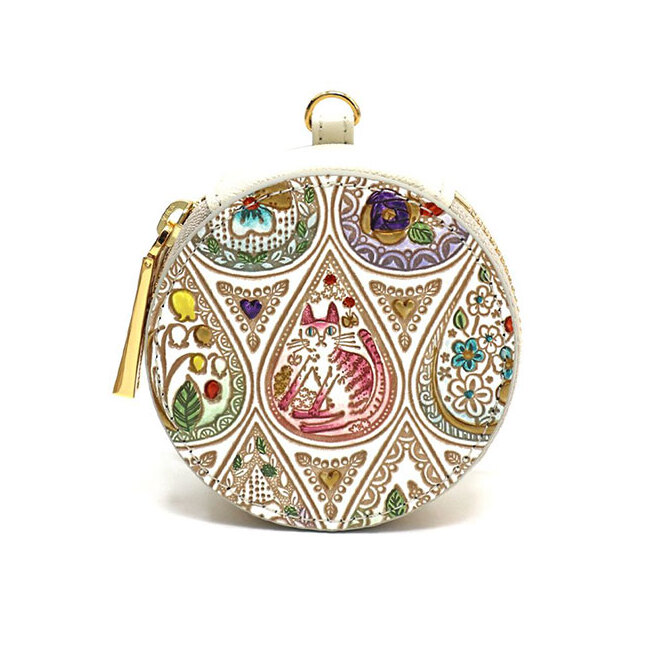 【文庫屋大関】マカロンポーチ 花と猫＜ミックス＞【皮革工芸品】 ポーチ ミニポーチ 小物入れ アクセサリー入れ イヤホン入れ 収納 保管ケース 手のひらサイズ  本革 革 皮革 工芸品 工芸 雑貨 ギフト プレゼント 日本製 東京