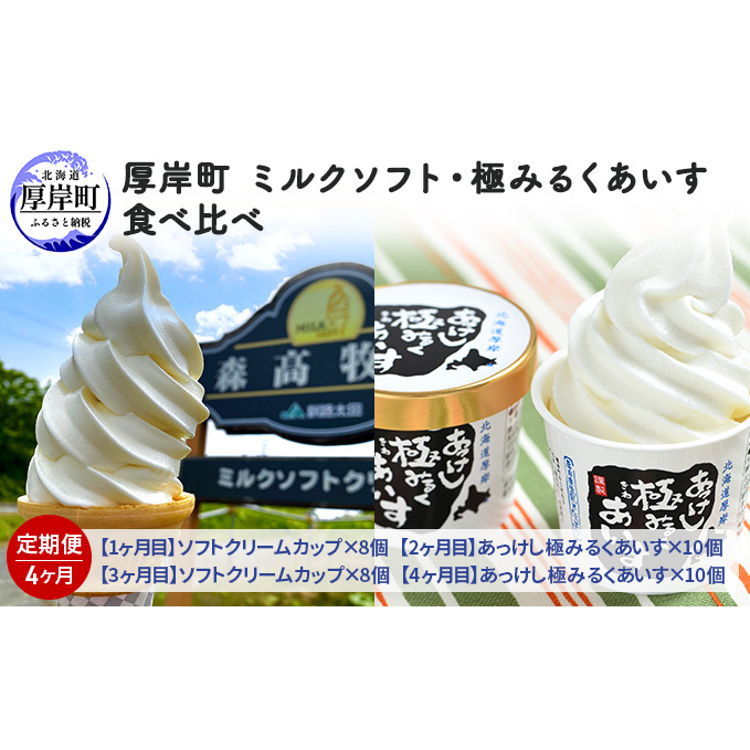 厚岸町　ミルクソフト・極みるくあいす食べ比べ【4ヶ月定期便】 お菓子 アイス ソフトクリーム 4カ月 4回 