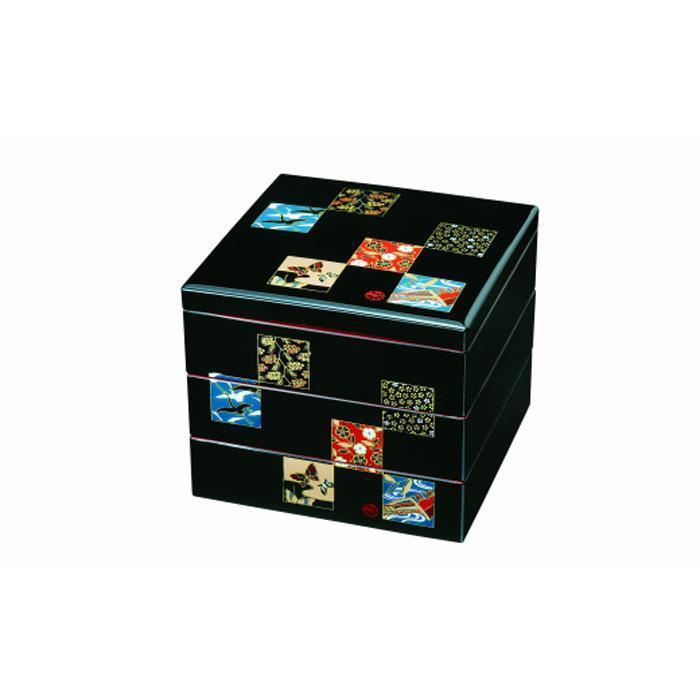 三段重箱 黒内朱 市松友禅 お重 紀州漆器 重箱 3段 運動会 おせち料理 おせち お正月 年末年始 黒【YG5】