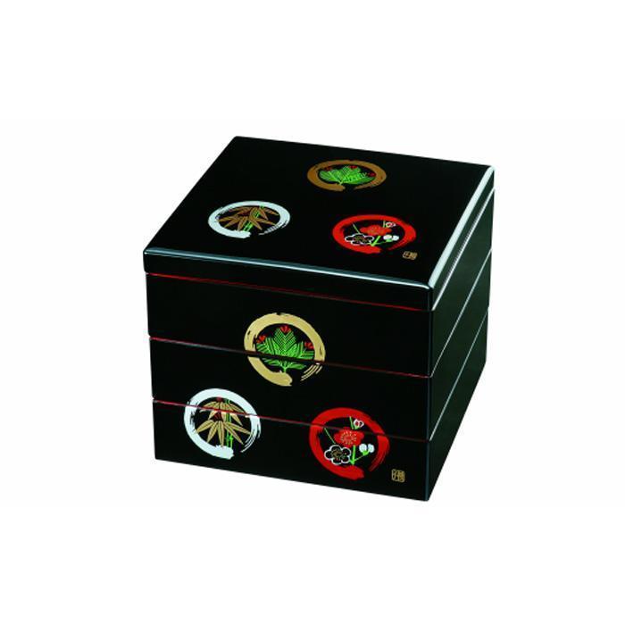 三段重箱 黒内朱 丸に松竹梅 お重 紀州漆器 弁当箱 お正月 おせち おせち料理 運動会 和食器 旅館 料亭【YG6】