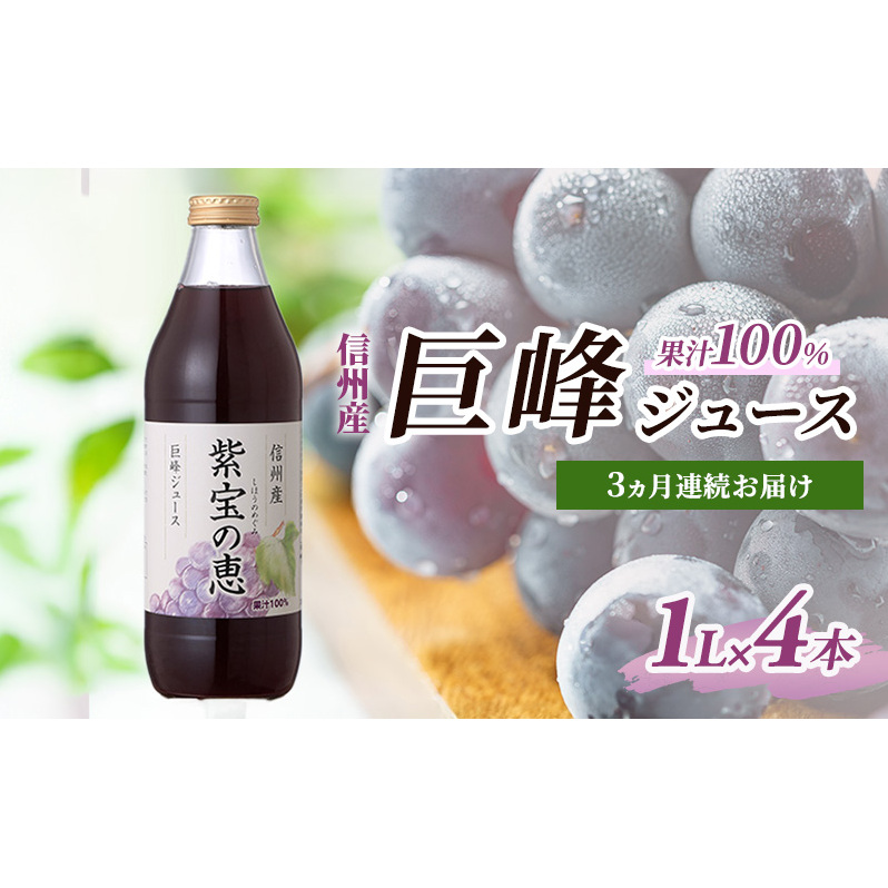 3ヵ月連続お届け 信州産 巨峰ジュース 果汁100％　「紫宝の恵」 (1L×4本)