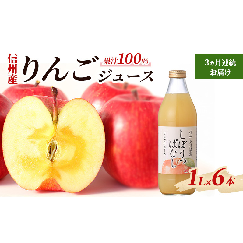 3ヵ月連続お届け 信州産 りんごジュース 「しぼりっぱなし」 果汁100％ (1L×6本)