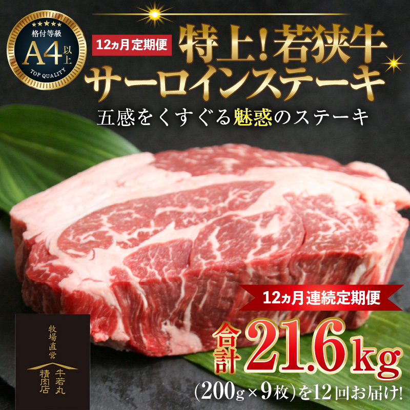 【定期便 全12回】特上！若狭牛サーロインステーキ 200g×9枚 ／ ステーキ ステーキ肉 A4 A5 200g サーロイン サーロインステーキ 国産 若狭牛 牛肉 [aw009-w001]