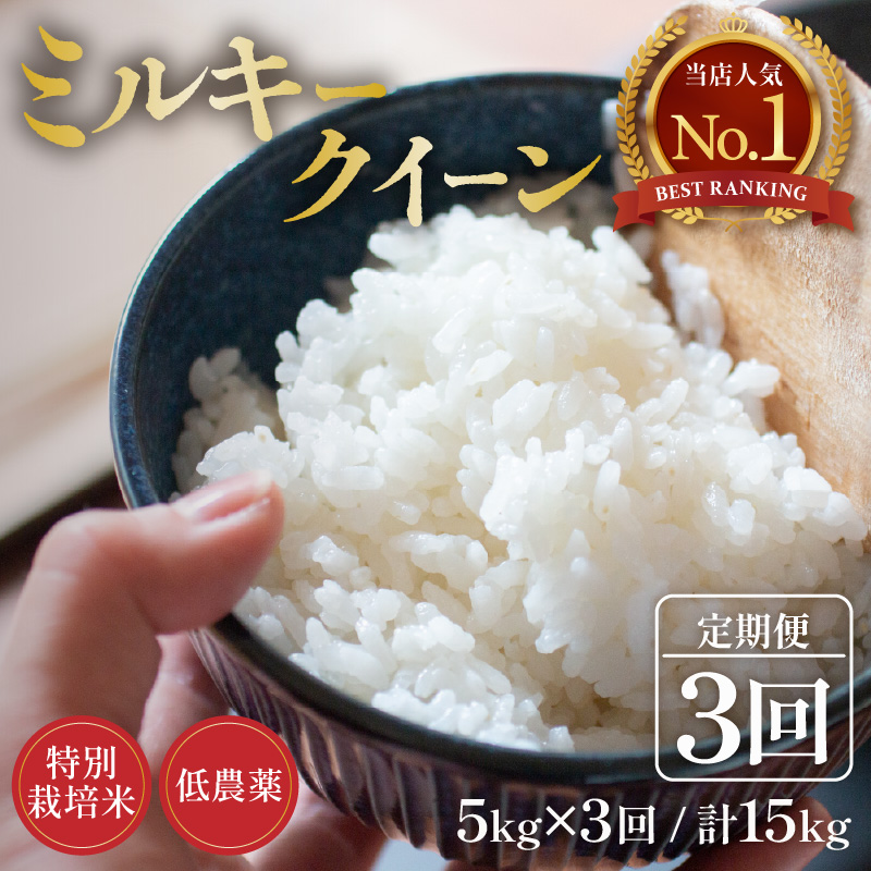 【先行予約】【令和8年産 新米】定期便《3ヶ月連続お届け》5kg×3回 15kg 特別栽培米 ミルキークイーン 精米 低農薬 《食味値85点以上！こだわり精米》 / 福井県 あわら市 北陸 米 お米 人気 白米 精米 ※2026年9月上旬より順次発送 [aw032-e005]