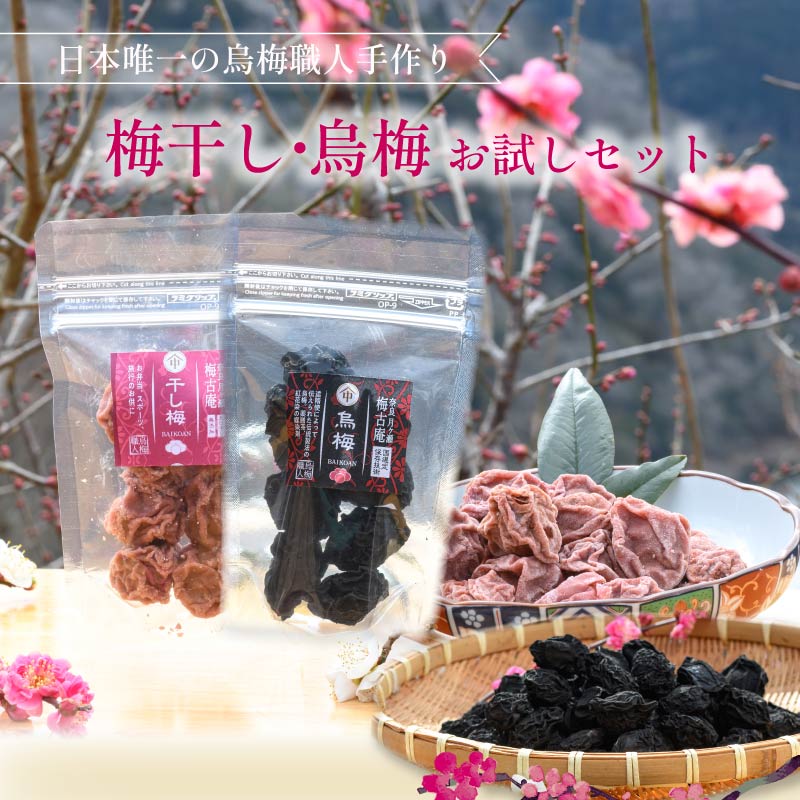 梅干し 烏梅 お試しセット 無添加 干し梅 梅 梅干し うめ 梅干 漬物 漬け物 ご飯 白米 白飯 お弁当 おかず ご飯のお供 ごはんのお供 おつまみ おやつ お茶 梅茶 うばい 薬膳 奈良県 奈良市 J-29