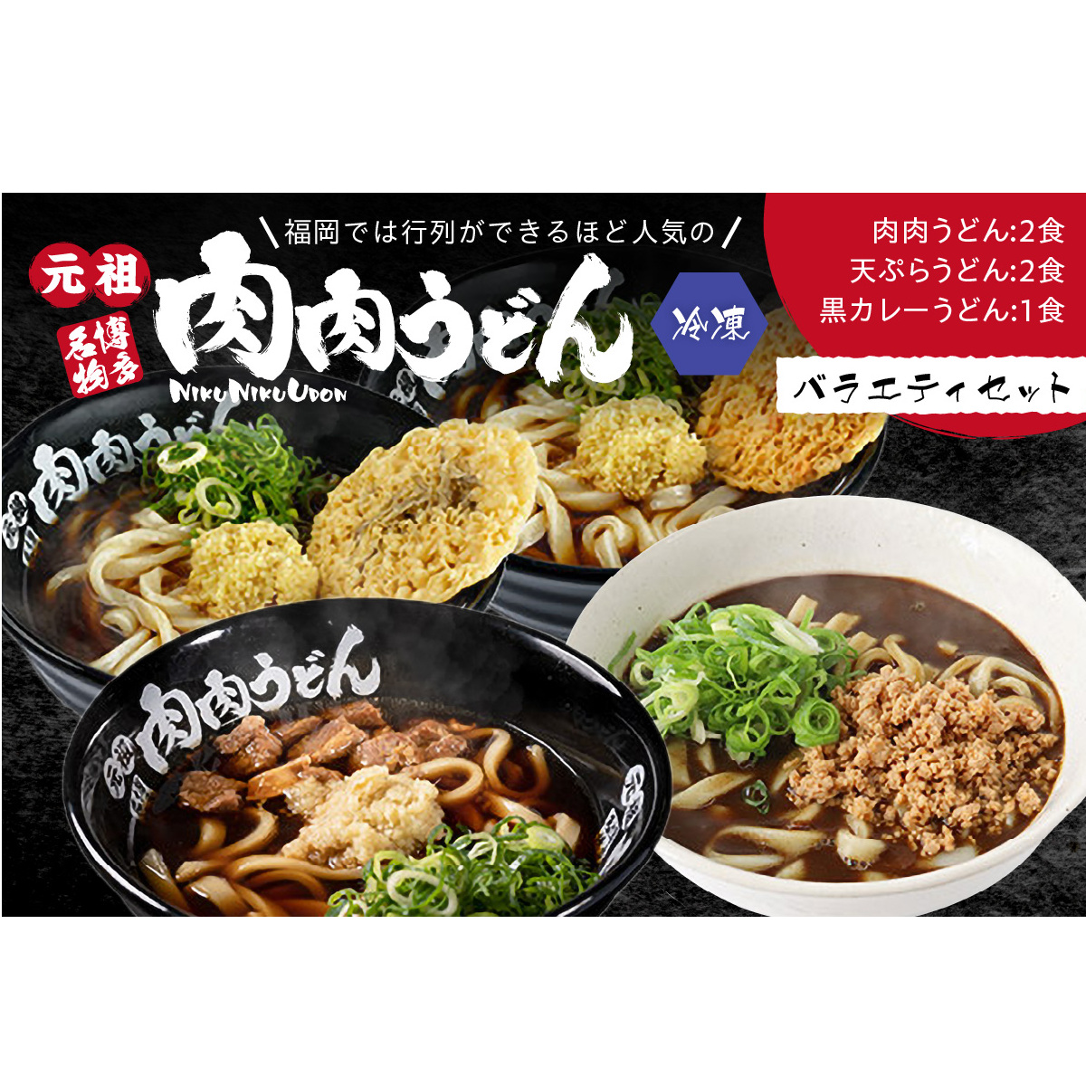 冷凍 肉肉うどん2食・天ぷらうどん2食・黒カレーうどん1食 バラエティセット【A5-460】