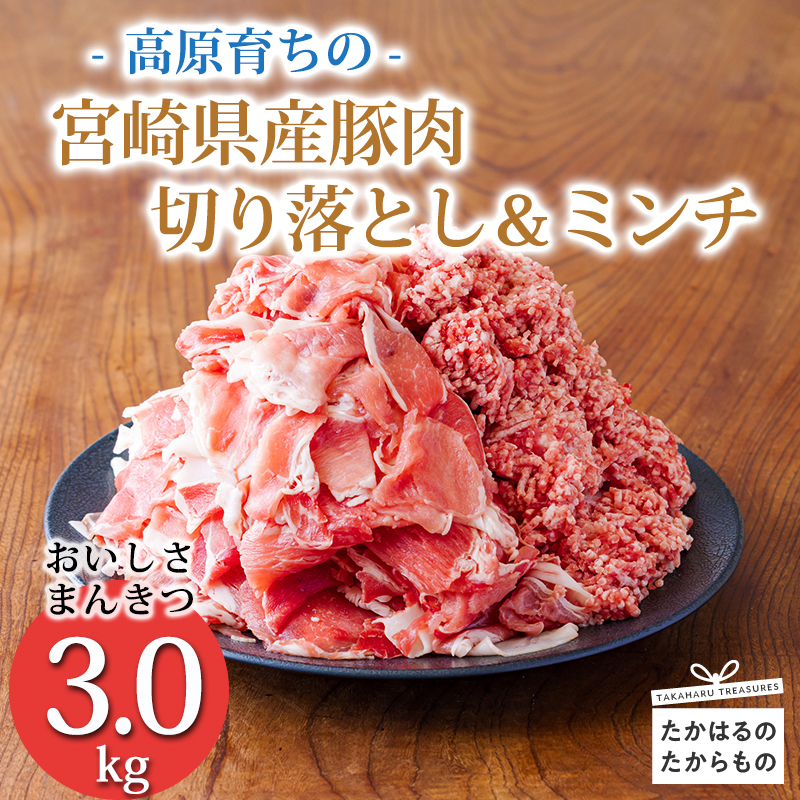 高原育ちの宮崎県産豚肉切り落とし＆ミンチ3kg おいしさ満喫 アレンジ色々 [夕食 お弁当 一人暮らし 万能食材 生姜焼き しゃぶしゃぶ ハンバーグ 餃子 肉巻き ミートソース 麻婆豆腐] TF0766-P00070