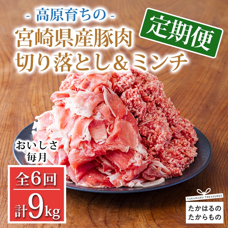 高原育ちの宮崎県産豚肉切り落とし＆ミンチ定期便9kg（計6回×1.5kg）おいしさ堪能 アレンジ色々 [夕食 お弁当 一人暮らし 万能食材 生姜焼き しゃぶしゃぶ ハンバーグ 餃子 肉巻き ミートソース 麻婆豆腐] TF0769-P00070
