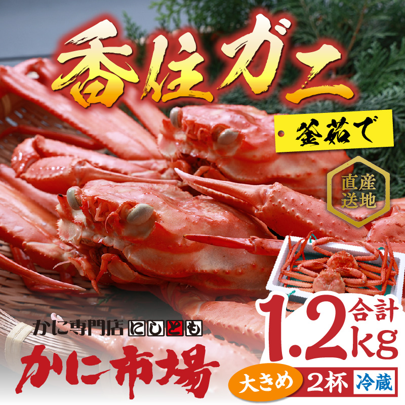 [香住ガニ 釜茹で 大きめ 約600g×2匹(約1.2kg以上)冷蔵]ご入金確認後、順次発送 カニの本場 香住 漁鮮 香美町 ベニズワイガニ ボイル かに ゆでガニ むき身 足 爪 身 脚 しゃぶ 甲羅 かにすき 日本海フーズ 16000円 07-01