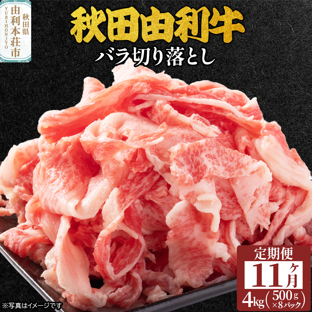 《定期便》11ヶ月連続 秋田由利牛 バラ切り落とし 4kg（500g×8パック）