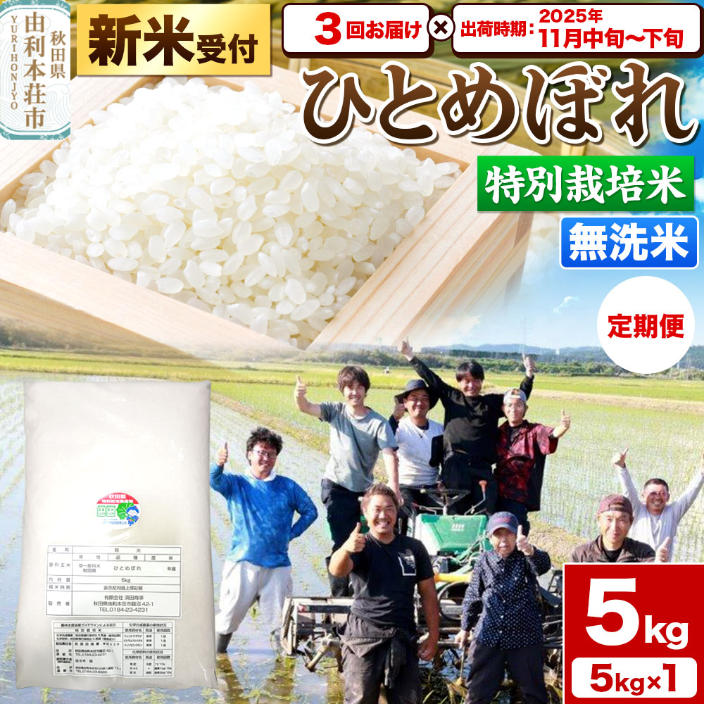 《新米受付》《定期便3ヶ月》令和7年産【無洗米】特別栽培米 ひとめぼれ 5kg 秋田県産【2025年11月上旬～下旬頃出荷予定】