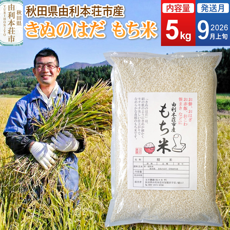 《予約受付》【2026年9月上旬発送・お彼岸】令和7年産【もち米】 5kg 秋田県 由利本荘市産 きぬのはだ 精米 5kg