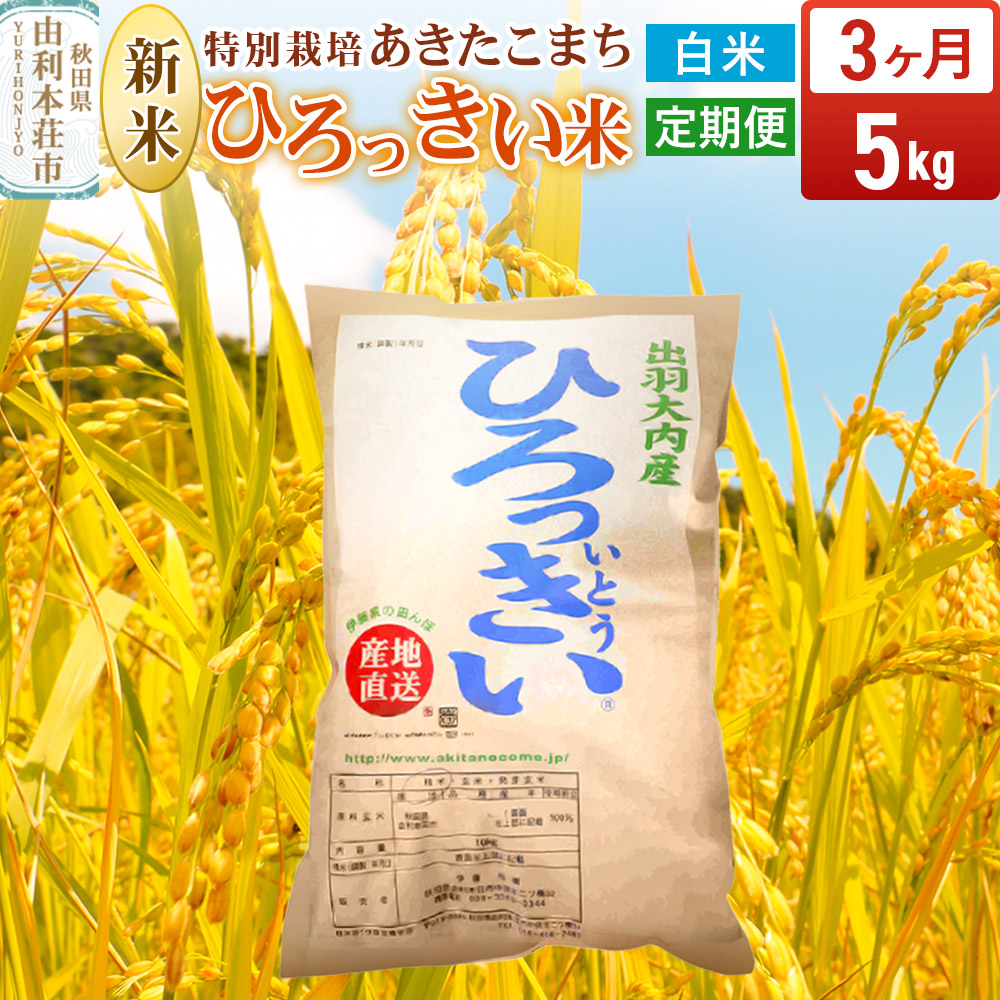 《定期便3ヶ月》【白米】 秋田県産 あきたこまち 5kg 令和7年産 特別栽培米 ひろっきい米