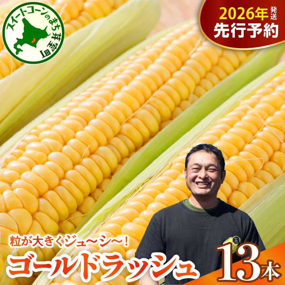 [先行受付][2026年7月下旬〜8月上旬頃配送]とうもろこし スイートコーン ゴールドラッシュ 13本 トウモロコシ 野菜 BBQ ソロキャンプ 送料無料 お取り寄せ 北海道 十勝 芽室町me062-002c-26