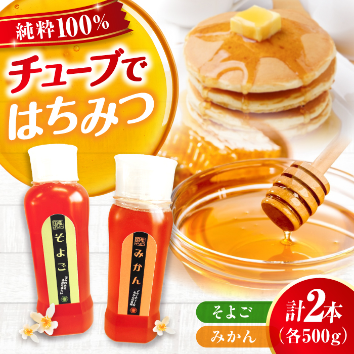 手軽に簡単チューブはちみつ（みかん・そよご）各500g 計2本セット 蜂蜜 ハチミツ お取り寄せ グルメ 三次市/重森養蜂場 [APBO006]