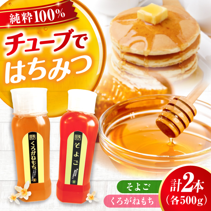 手軽に簡単チューブはちみつ（そよご・くろがねもち）各500g 計2本セット 蜂蜜 ハチミツ お取り寄せ グルメ 三次市/重森養蜂場 [APBO008]