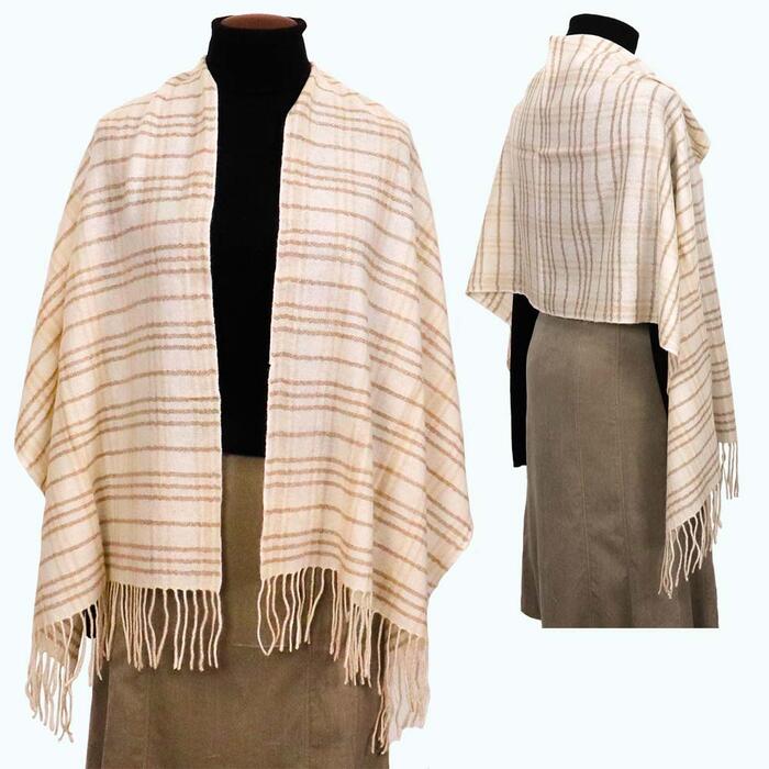無染色 高級 カシミヤ100% 薄手 大判 ストール チェック柄 66412 レディース 内モンゴル産 オフホワイト / まちづくり観光振興機構 通勤 通学 プレゼント ギフト 奈良県 田原本町