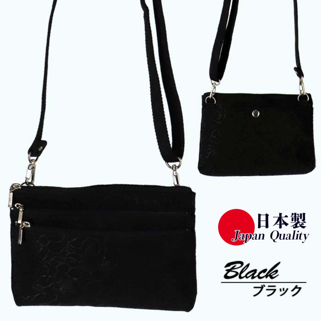 ローズ柄 ブラック ポシェット TJ-50 縦型 日本製 ミニショルダーバッグ レディース ／ まちづくり観光振興機構 傘生地 ちりめんジャガード 旅行 ウォーキング 防水 奈良県 田原本町