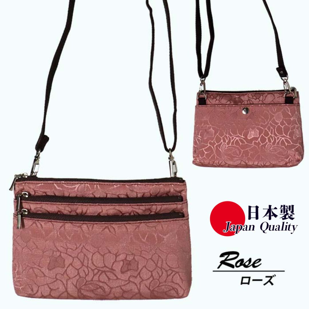 ローズ柄 ローズ ポシェット TJ-50 縦型 日本製 ミニショルダーバッグ レディース ／ まちづくり観光振興機構 傘生地 ちりめんジャガード 旅行 ウォーキング 防水 奈良県 田原本町