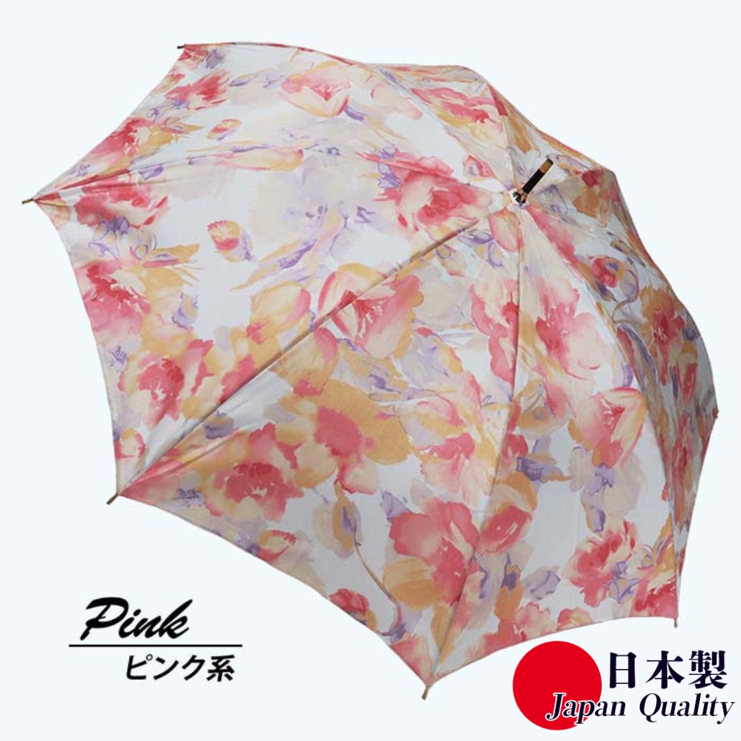 レディース雨傘 長傘 シャンタン花柄プリント手開き 日本製 ピンク系 173602 / まちづくり観光振興機構 モダン 高級感 奈良県 田原本町